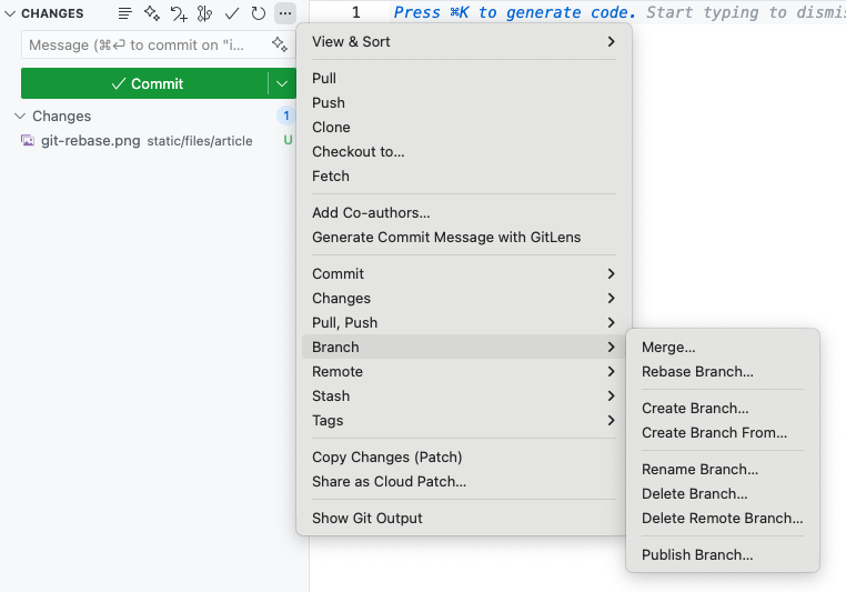 Rebase ve VS Code