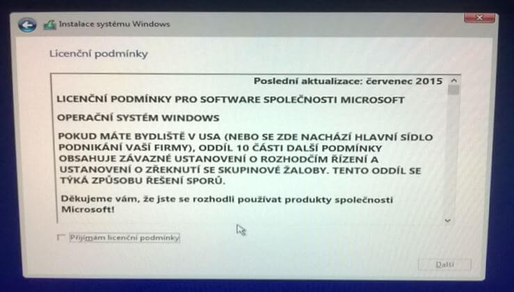 Licenční podmínky Windows 10