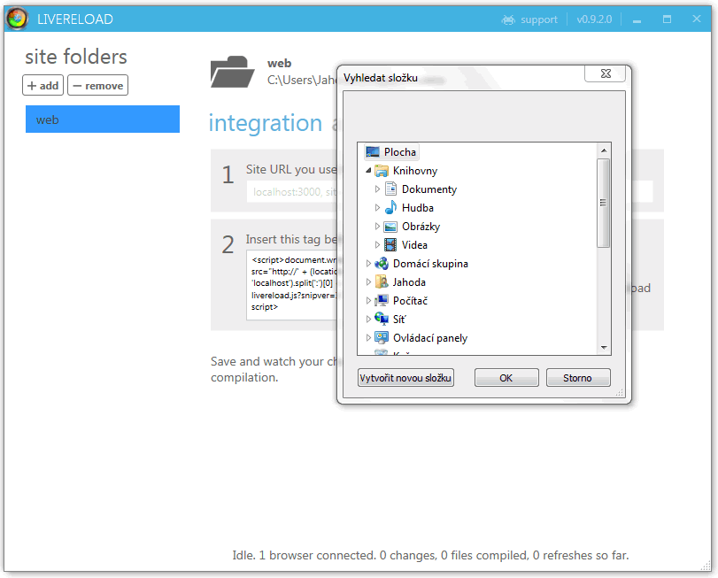 Přidání složky do LiveReloadu