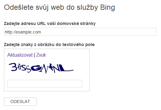 Přidání URL do vyhledávače Bing