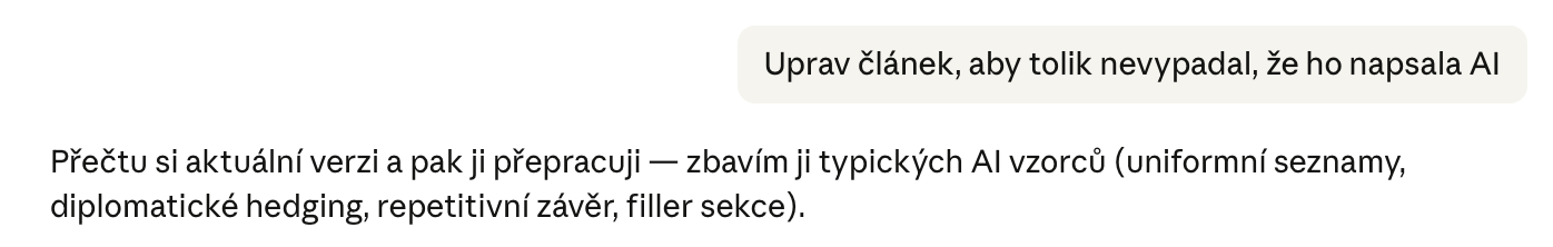 Screenshot Claude Code přepisující tento článek