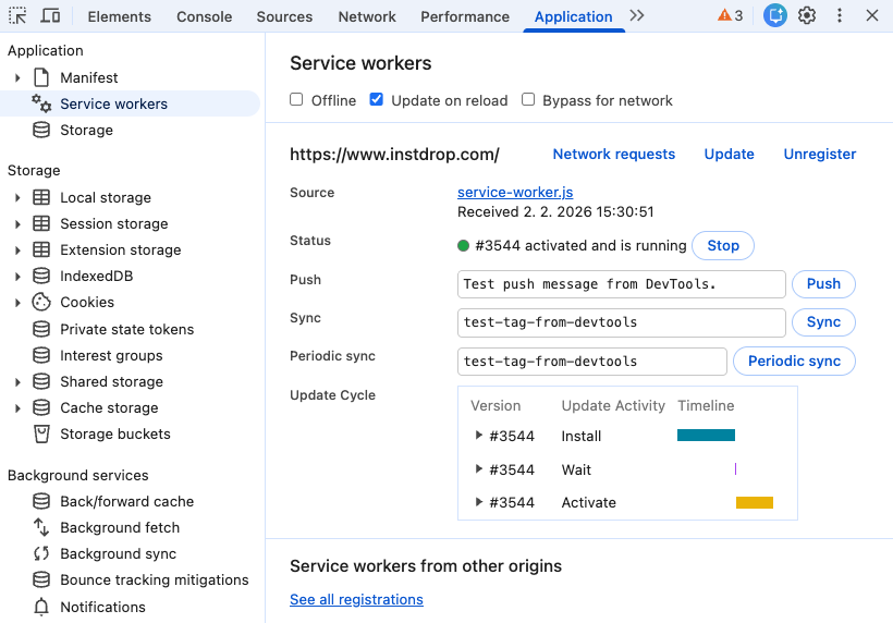 Service Worker v DevTools