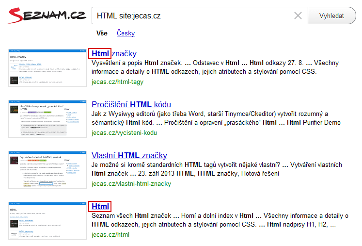 Hledání HTML na Seznamu