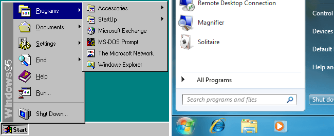 Srovnání Start menu z Windows 95 a Windows 7