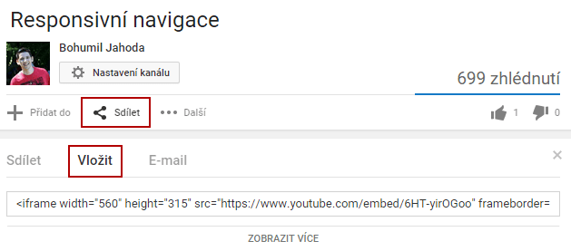 Získání kódu pro vložení z YouTube